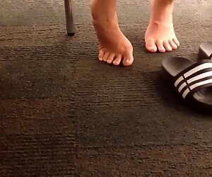 Candid College Library Asian Chick Adidas Slides Feet Airing