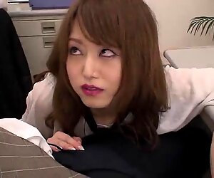Asian slut sucking cock in the office before getting facial cumshot