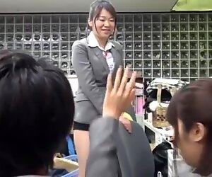 Asian in too short skirt ! even other girls are groping her ass at work !