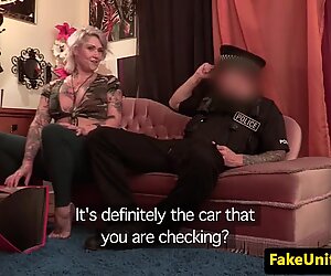 Inked UK milf doggystyled by cops cock